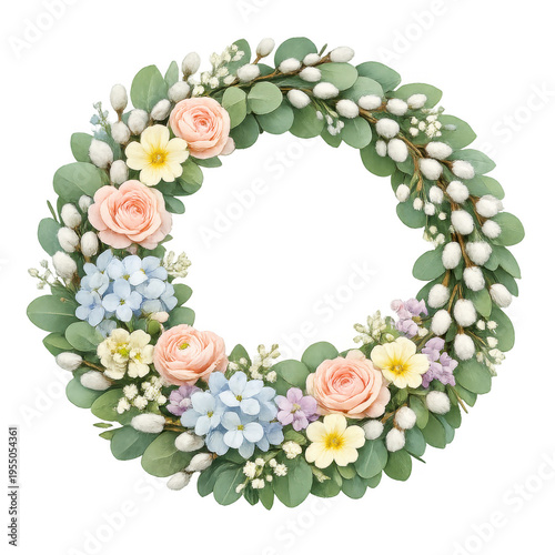 Elegant Spring Floral Wreath with Eucalyptus Leaves, Pussy Willow Branches, Pink Roses, Blue Hydrangeas, and Yellow Primroses, Isolated on Transparent Background for Botanical Decor Design.