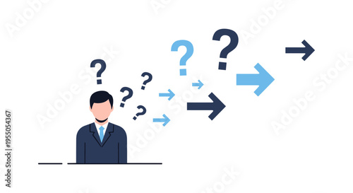 Confused businessman with question marks and arrows