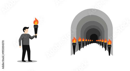 man holding torch leading through dark tunnel