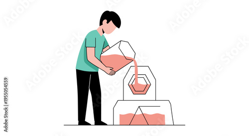 man pouring pink liquid from bucket into beaker