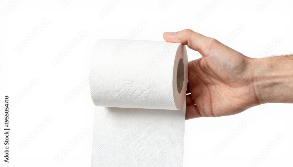 Obraz premium Hand holding white toilet paper roll against clean white background minimalist lifestyle concept