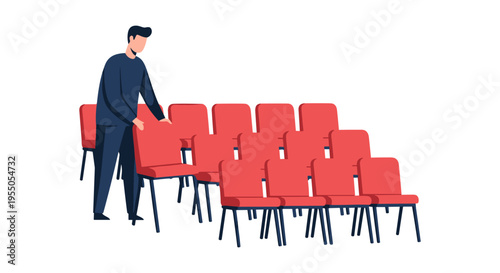 Businessman arranging red chairs in a row for an event