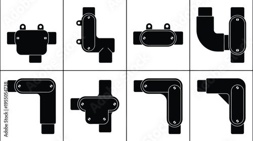 Silhouettes of Electrical Conduit Fittings and Junction Boxes on White Background Keywords: electrical conduit, junction box, conduit fitting, electrical connector, pipe fitting, electrical system