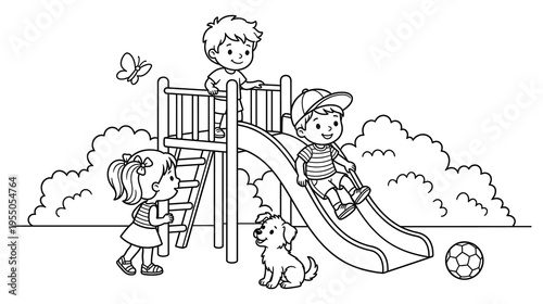 Young kids playing on outdoor slide structure with cute puppy dog