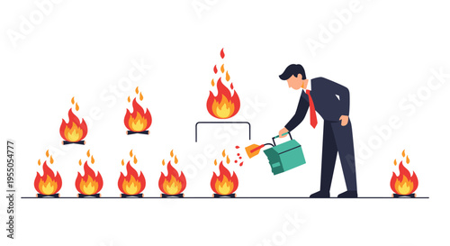 Businessman putting out fires with briefcase, symbolizing crisis management