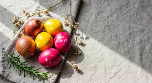 Colorful Easter eggs arranged on a light fabric background. The eggs are in shades of pink, yellow, and brown, with a sprig of greenery nearby.