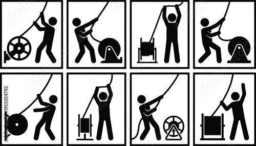 Silhouettes of Figures Operating Winches and Reels on White Background Keywords: winch, reel, rope, pulling, lifting, mechanical advantage, engineering, construction, industrial, manual labor