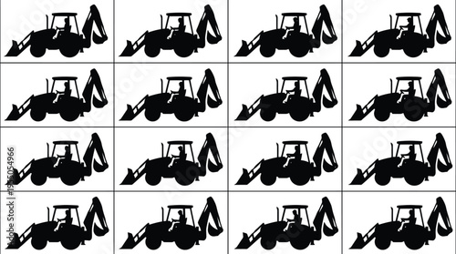 Grid of twelve black silhouette icons of a backhoe loader with a driver from various angles on a white background