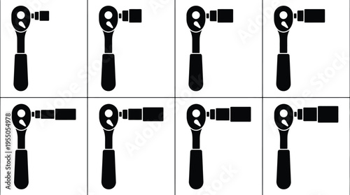 Grid of eight black ratchet wrenches with socket attachments tool socket wrench