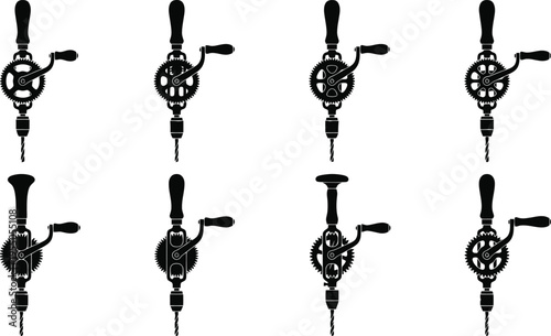 Eight black silhouette hand drills with gears and crank handles arranged in two rows Keywords: hand drill, brace drill, gear drill, manual drill, woodworking tool, carpentry tool, drilling tool