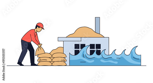 man building flood defense with sandbags