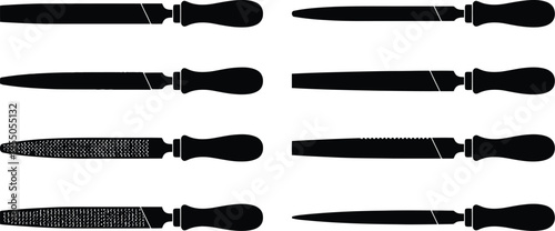 Collection of eight black silhouette files with handles in various shapes and textures Keywords: file, rasp, metal file, woodworking file, metalworking file, tool illustration, silhouette, black