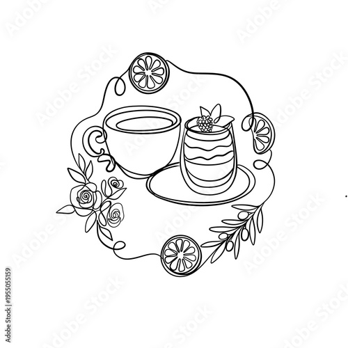 Minimalist coffee cup and berry yogurt parfait continuous line art