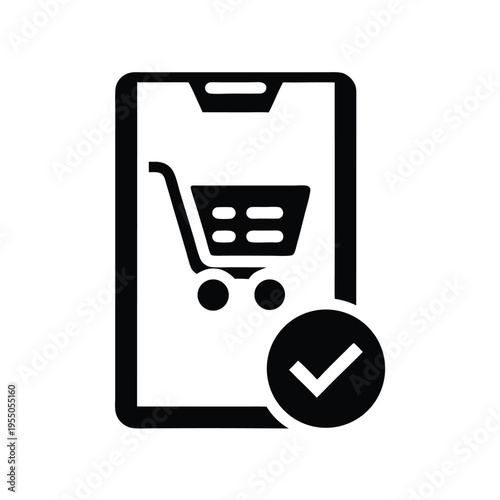 Black shopping cart icon appears inside a mobile phone with check mark icon