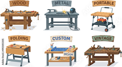 Various styles of workbenches, including wood, metal, folding, custom, and vintage types, illustrate different crafting and fabrication stations.