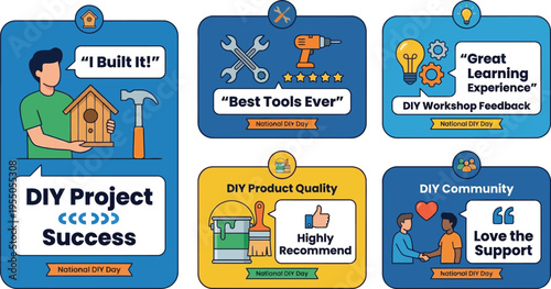 A young man proudly displays a completed wooden birdhouse next to a hammer, illustrating DIY project success and positive feedback.