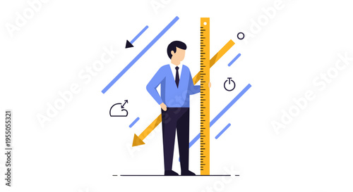 Businessman measuring growth with giant ruler and arrows
