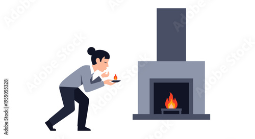 Woman lighting fire in fireplace with kindling