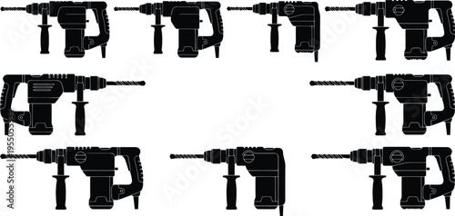 Nine black silhouette icons of rotary hammer drills with drill bits and auxiliary handles on a white background