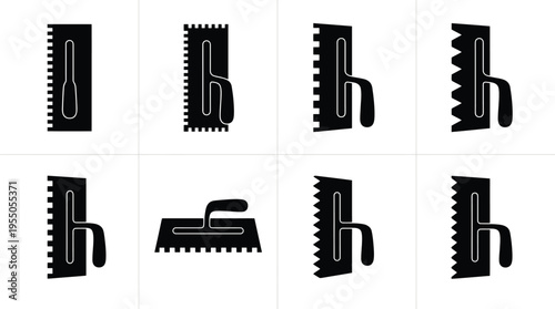 Assortment of Black Silhouette Trowel and Notched Trowel Icons Keywords: trowel, notched trowel, tool, construction, tiling, plastering, masonry, DIY, silhouette, icon, set, collection, graphic