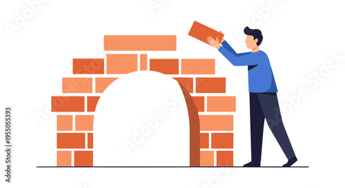 man building brick archway, construction worker