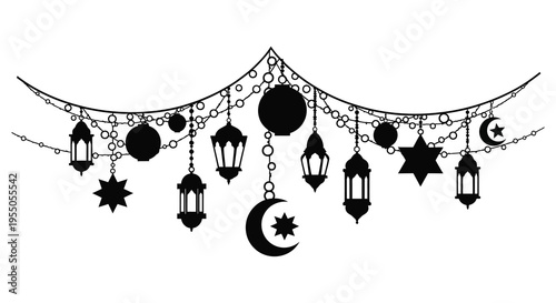 An elegant black decoration featuring lanterns stars and a crescent moon silhouette high quality professional detailed