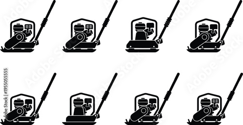 Eight Black and White Silhouettes of Plate Compactors for Construction and Landscaping Keywords: plate compactor, construction equipment, tool, landscaping, road work, soil, compaction, machinery