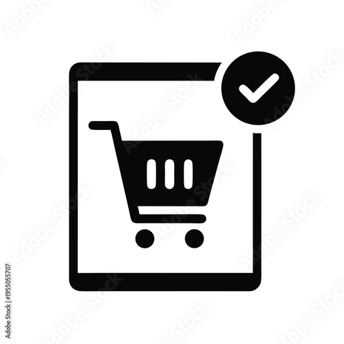 Complete digital purchase verified shows shopping cart inside tablet screen icon