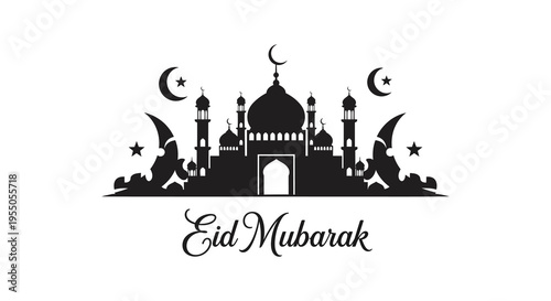 An elegant black silhouette of a mosque with crescent moons and stars celebrating eid mubarak silhouette