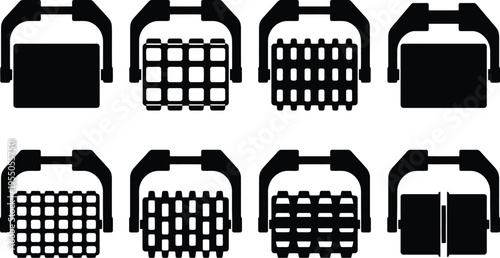 Collection of eight black silhouette icons representing different types of staplers and fasteners Keywords: stapler, staple gun, fastener, office supplies, stationery, tool, equipment, office