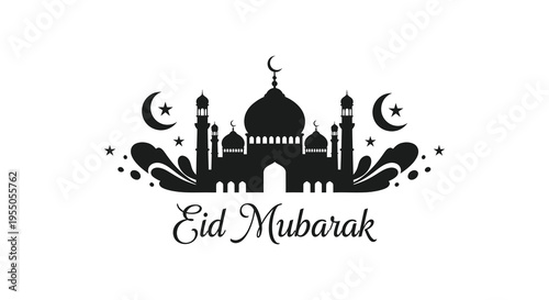 A stunning black silhouette of a mosque with crescent moons and stars wishing eid mubarak silhouette