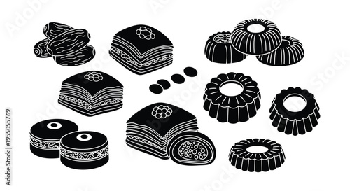 A collection of intricately designed black silhouettes of various traditional sweets and pastries high quality professional