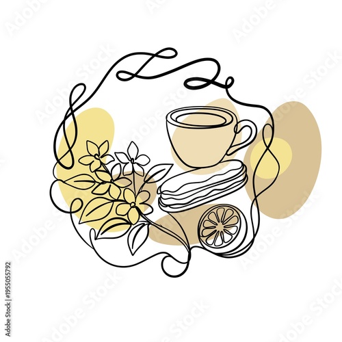 Minimalist coffee cup and eclair line art with jasmine and boho shapes