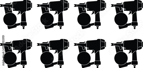 Eight black silhouette icons of pneumatic nail guns Keywords: nail gun, pneumatic tool, construction tool, carpentry tool, woodworking tool, fastening tool, equipment, industrial tool, handheld