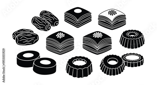 A collection of various black desserts and sweets presented in a striking silhouette high quality professional