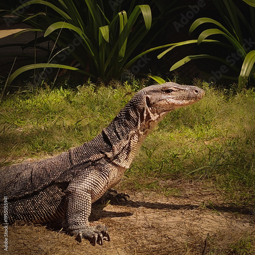 Monitor lizard on Mamutik Island in Tunku Abdul Rahman National Park, Malaysia, Borneo. Tropical island habitat with the reptile resting and moving near coastal vegetation.
