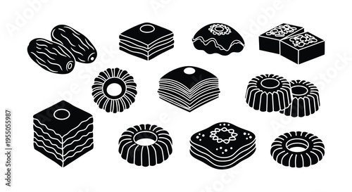 An assortment of traditional middle eastern sweets depicted in a striking black silhouette high quality professional