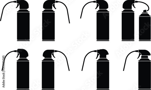Set of black silhouette spray bottles and cans with trigger sprayers and tubes on a white background