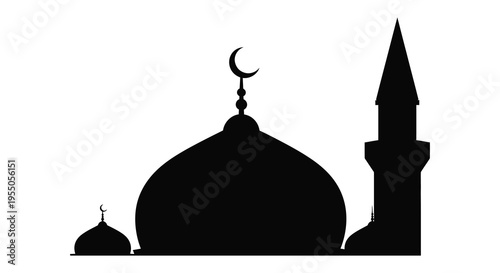 A striking black silhouette of a mosque with a crescent moon and minaret details silhouette