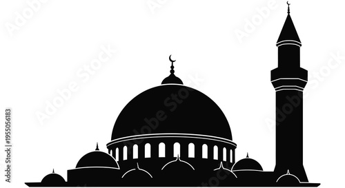 A striking black silhouette of a traditional mosque with minarets against a white background silhouette