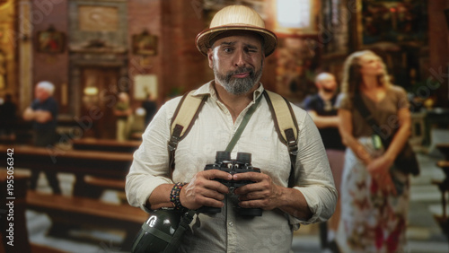 Tableau sur toile Man holding binoculars and backpack, squinting while wearing a pith helmet amid ornate church interior and pews; curiosity travel exploration