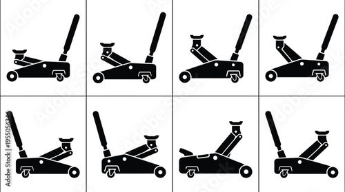 Set of eight black silhouette car jacks in various positions and angles on a white background hydraulic jack