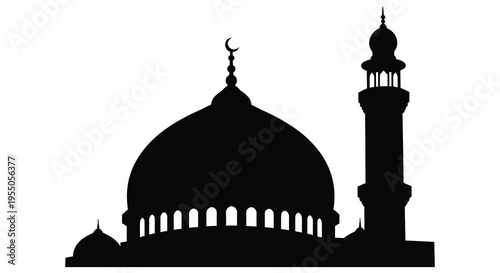 A striking black silhouette of a mosque with a prominent dome and minaret silhouette high quality