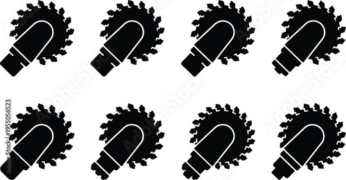 Set of eight black silhouette icons of circular saw blades with handles on a white background cutting tool
