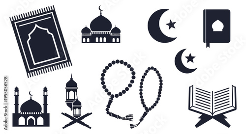 Islamic symbols including a crescent moon mosques a prayer rug and holy book silhouette high quality