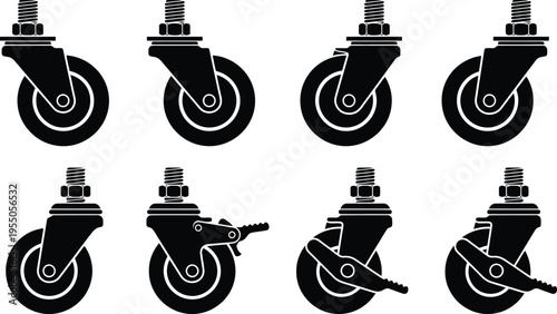 Set of eight black silhouette icons of casters with different locking mechanisms on a white background