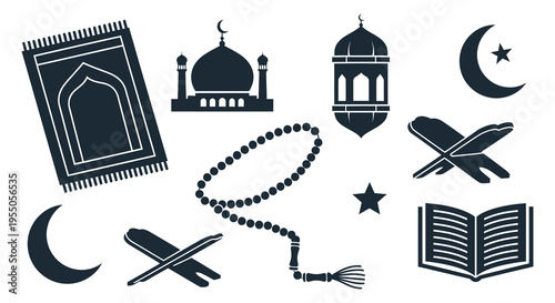 Islamic religious symbols including a crescent moon prayer rug and mosque in dark silhouette high quality