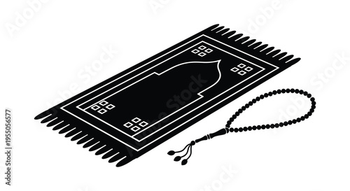 A black silhouette of a prayer rug and islamic beads displayed on a white background silhouette