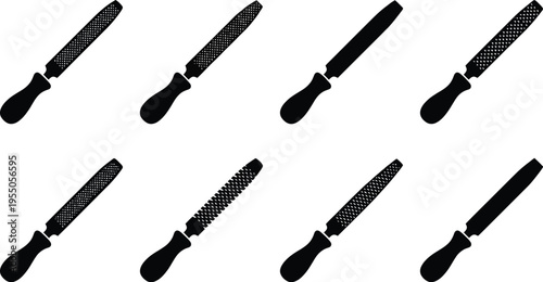 Set of eight black silhouette icons of files and rasps with different tooth patterns and handle shapes
