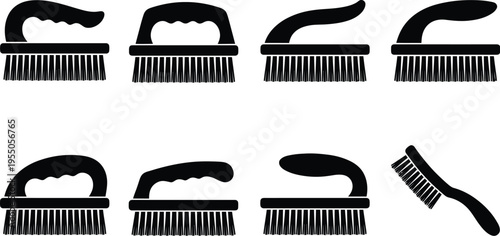 Set of eight black silhouette icons representing various cleaning brushes with different handle shapes